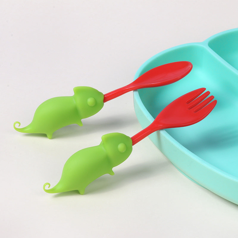 Steti Silicone Cute Spoon and Fork utensil, Lizard